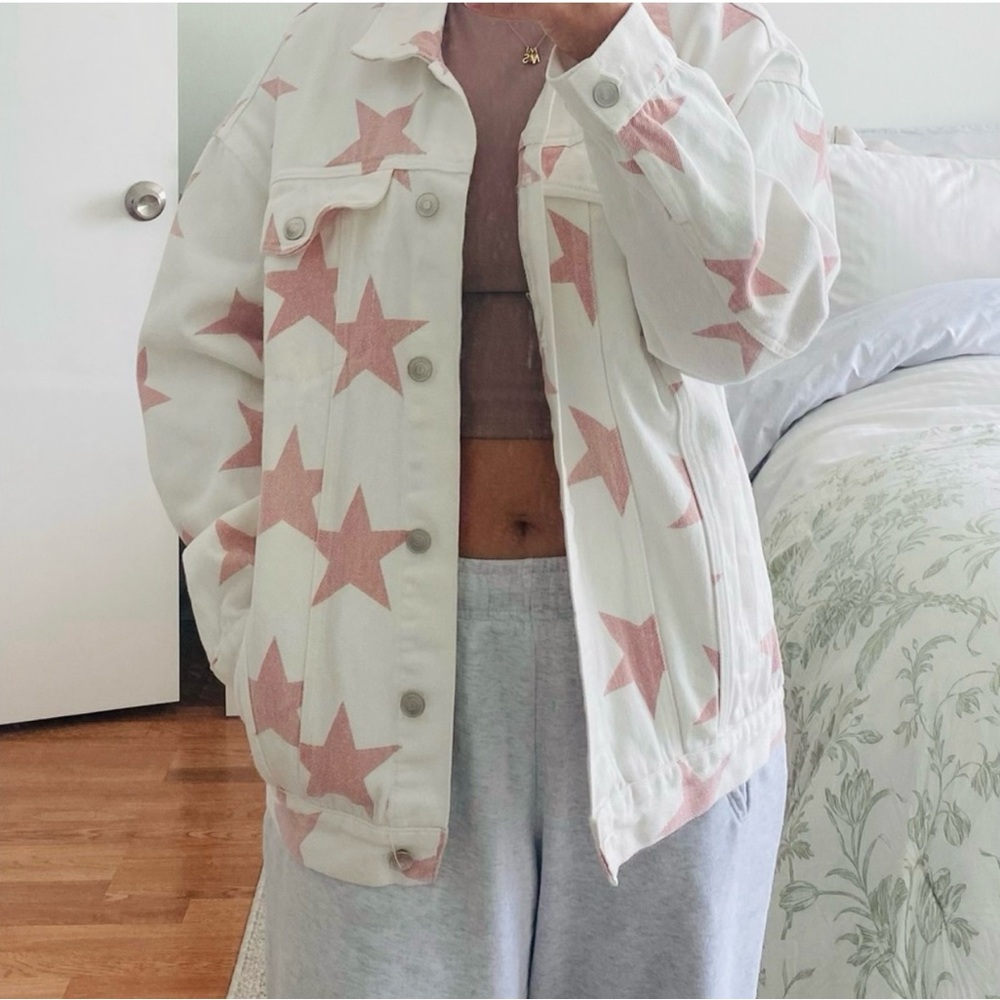 Peach Love California White and Pink Star Jean Jacket